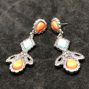 Silver Tone Southwestern Style Dangle Pierced Earrings Coral Turquoise Colored